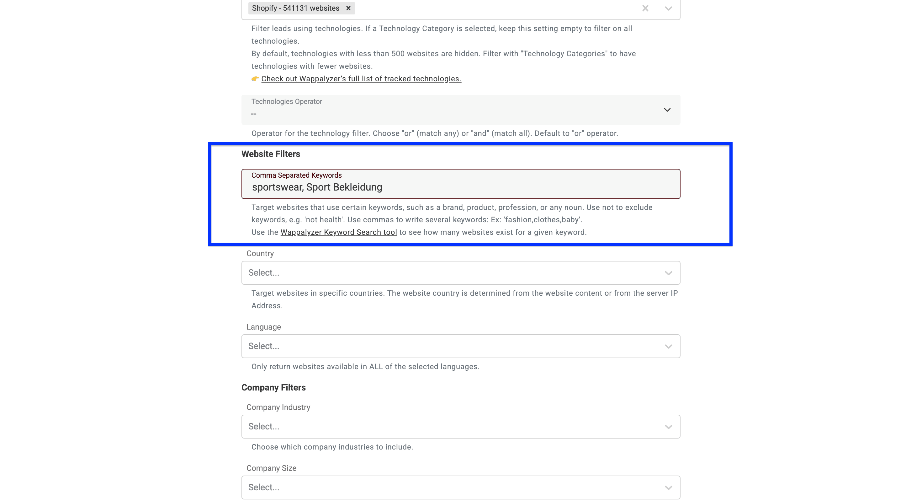 Technology Finder de Datablist, filtre mots-clés