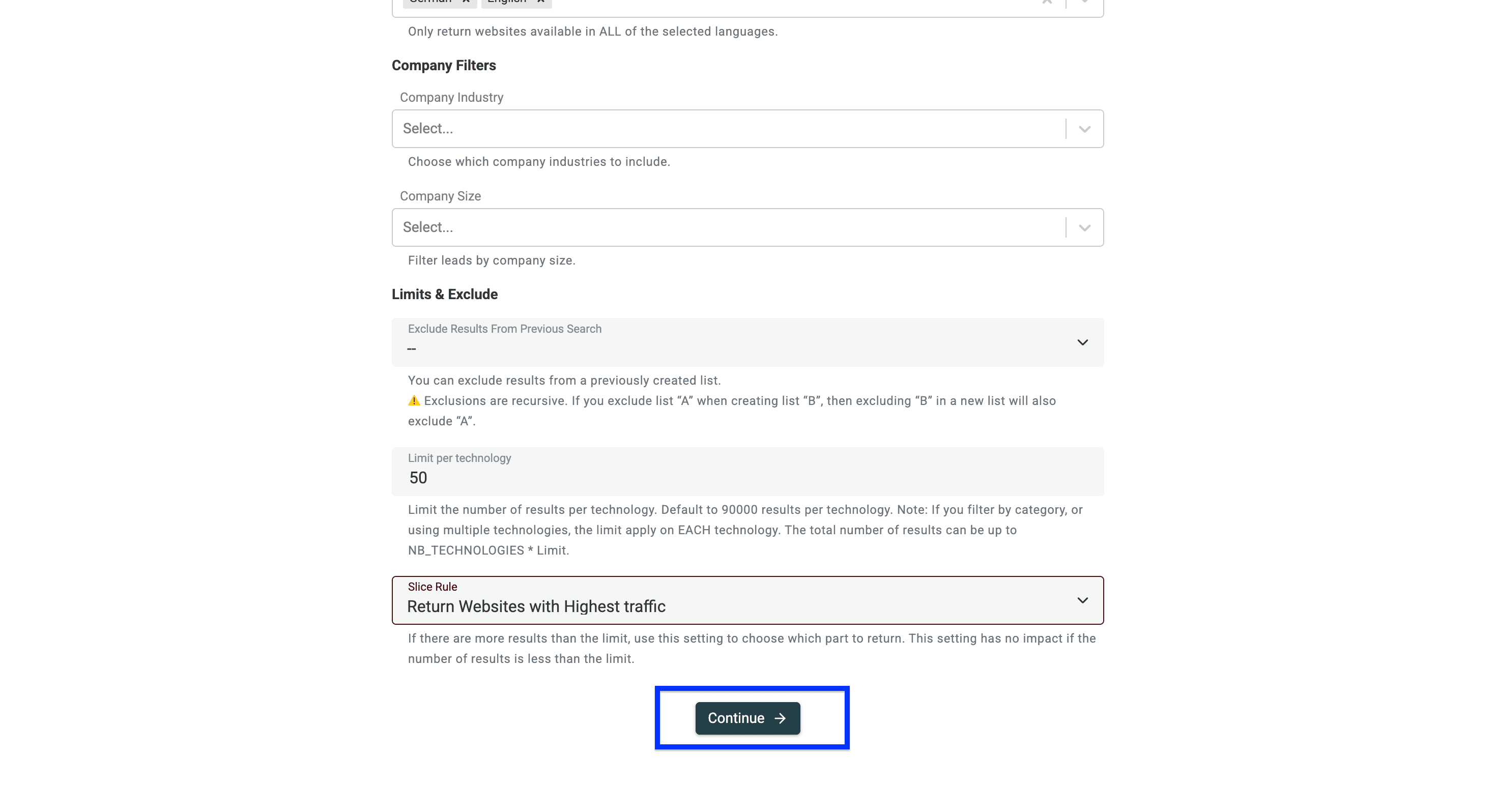 Technology Finder de Datablist, dernière étape