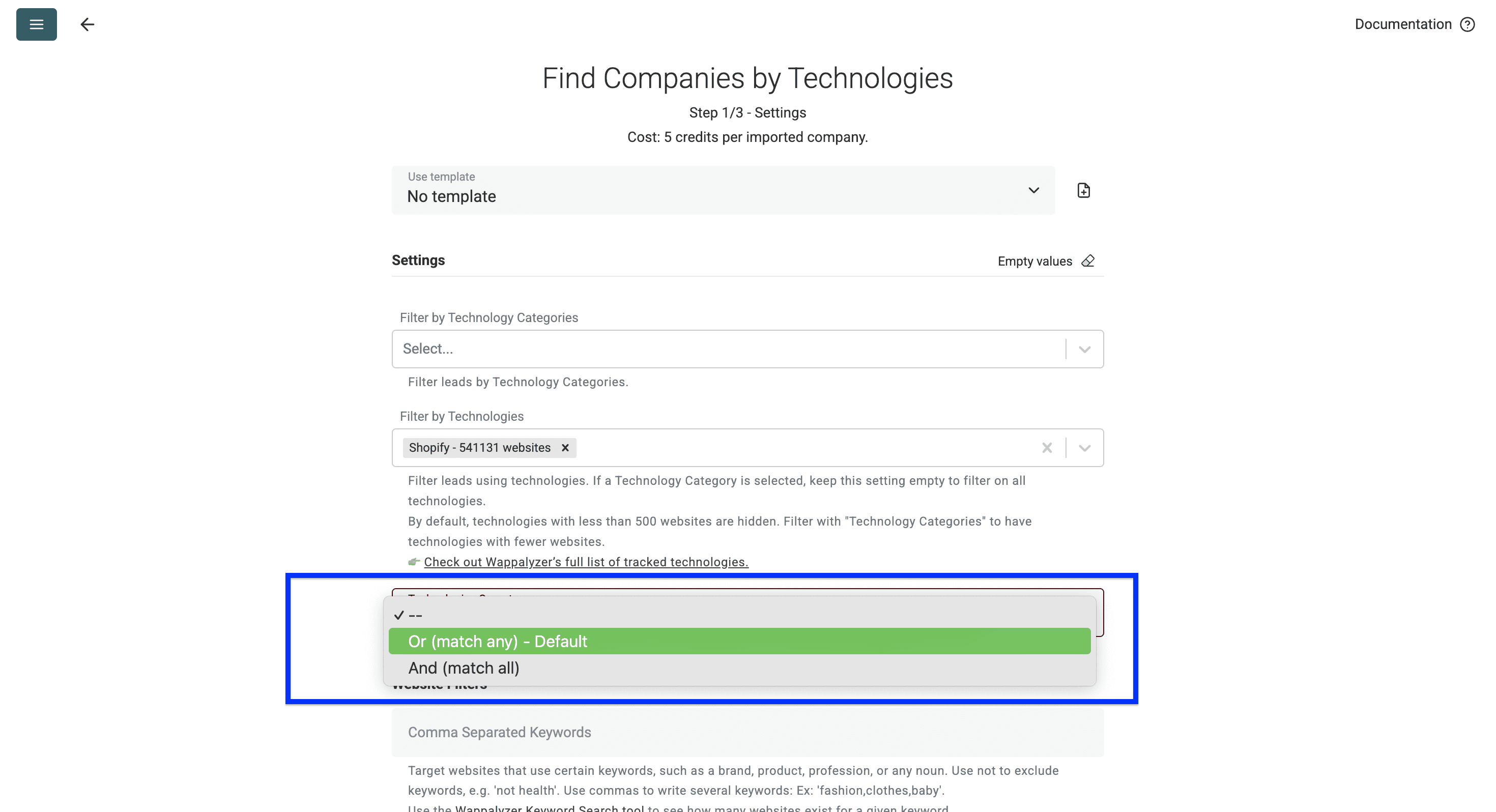 Technology Finder de Datablist, matching operators