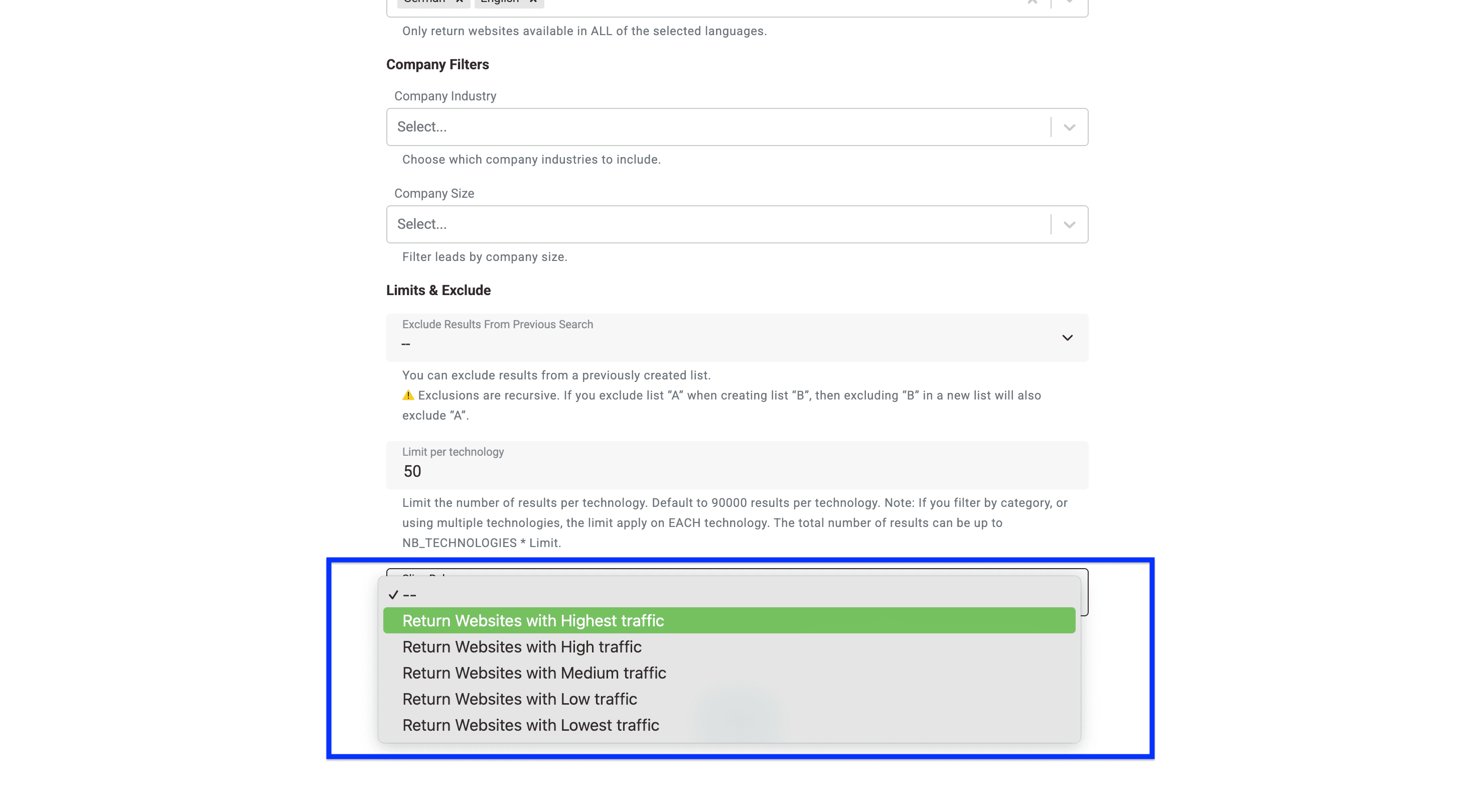 Technology Finder de Datablist, slice rule