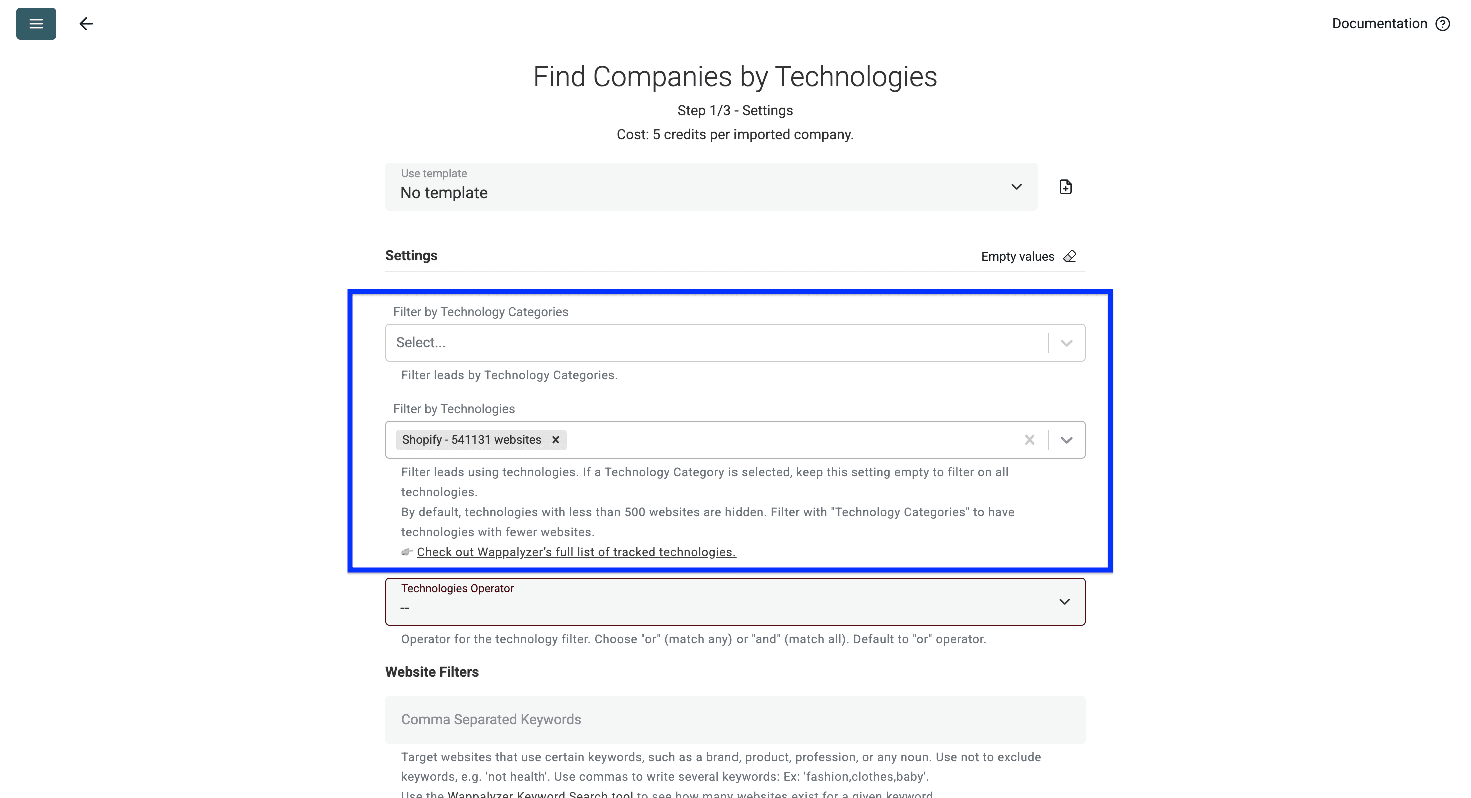 Technology Finder de Datablist, filtres technologie
