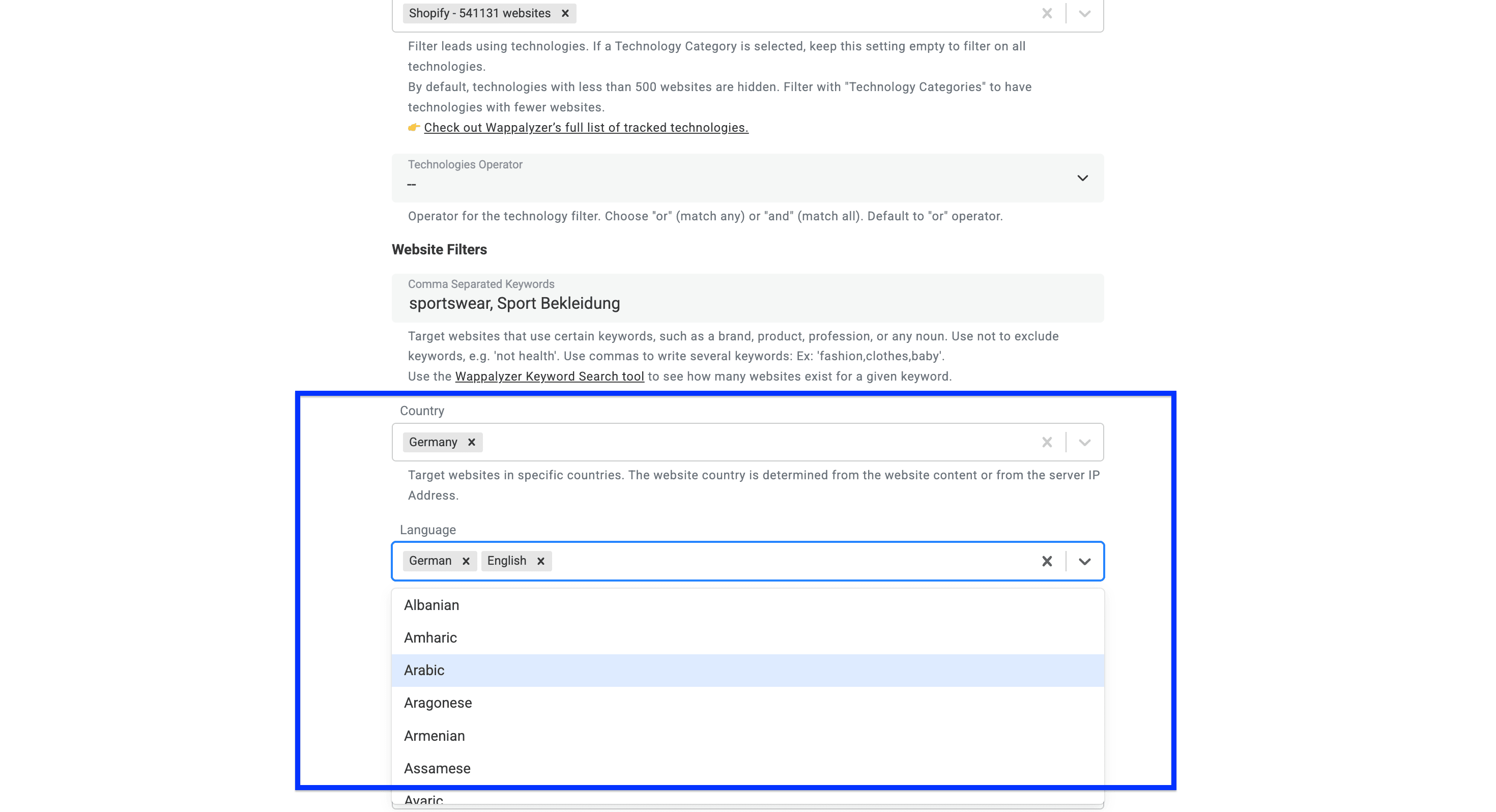 Technology Finder - language & country filters