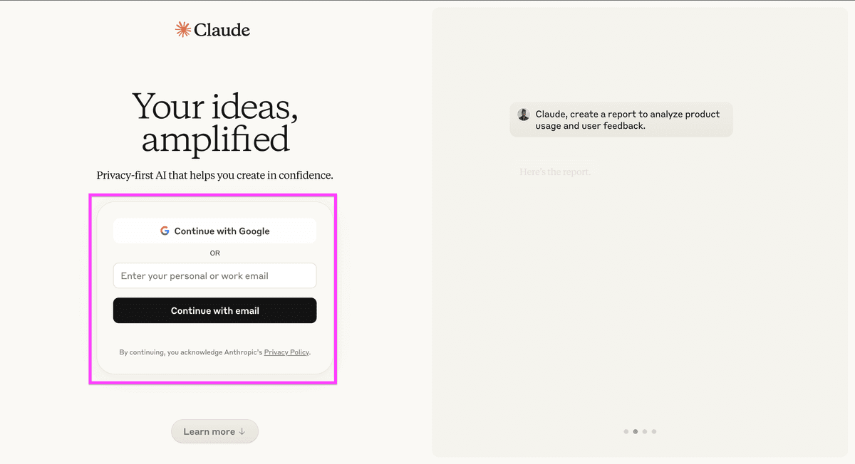 Pagina di registrazione di Claude