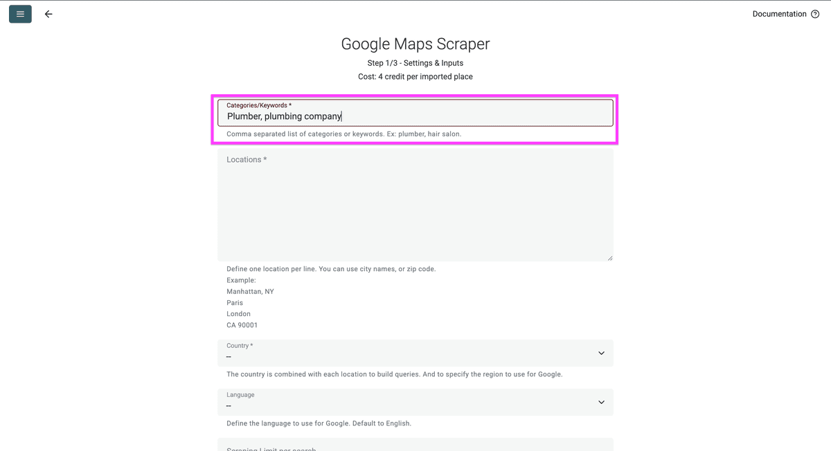 Configurazione delle keyword nello scraper di Google Maps su Datablist