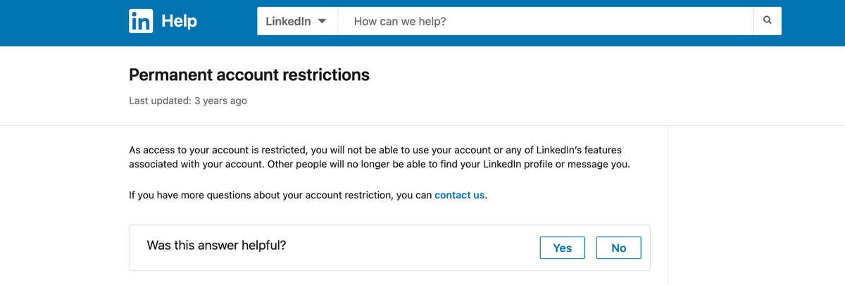 LinkedIn Ban Appeal - Permanent Account Restrictions Page