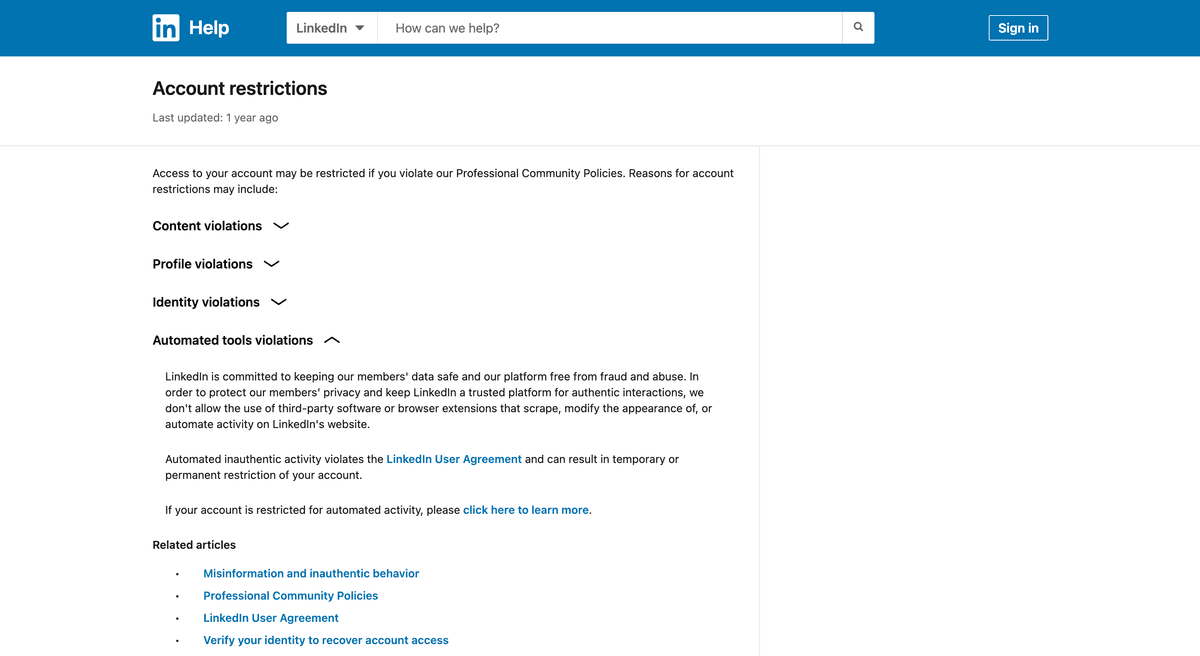 LinkedIn Ban Appeal - Violation Categories