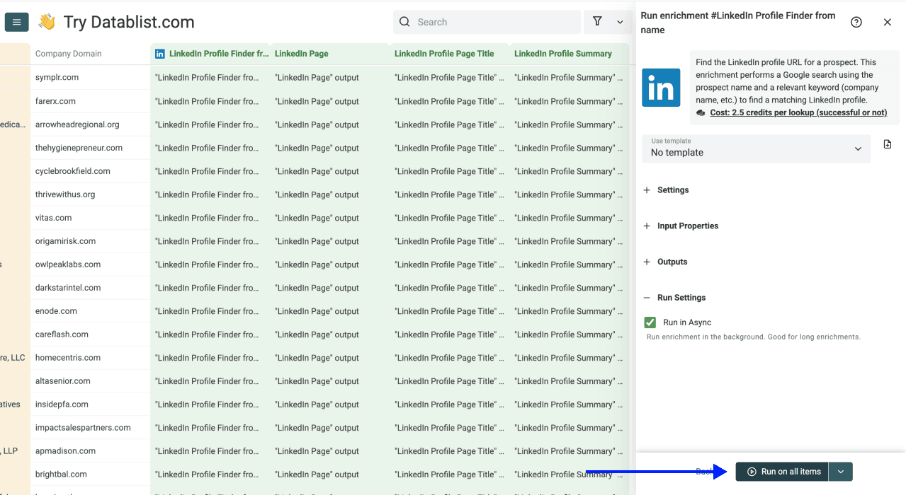 Como encontrar perfis do LinkedIn por nome em massa - Início do enriquecimento