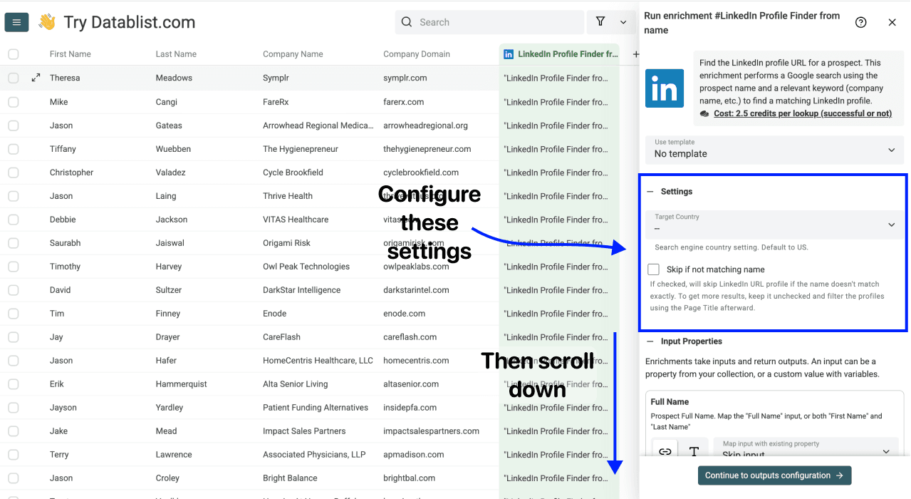 How To Find LinkedIn Profiles From Names in Bulk - Enrichment Settings