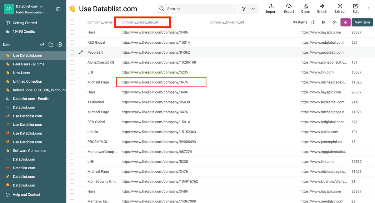 Mon fichier Datablist avec les URLs Sales Navigator entreprises.