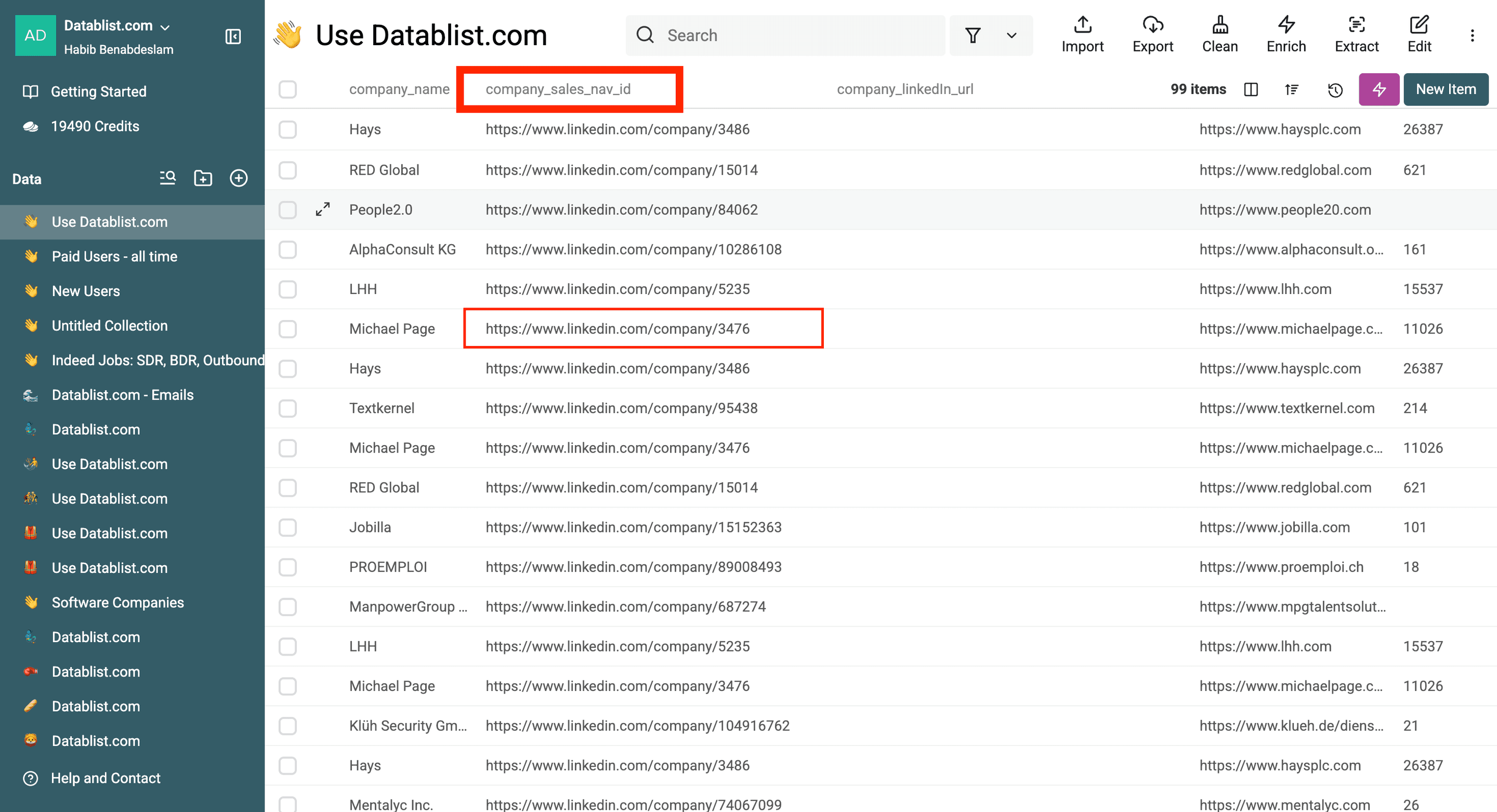 LinkedIn Sales Navigator Company URLを含むDatablistファイル
