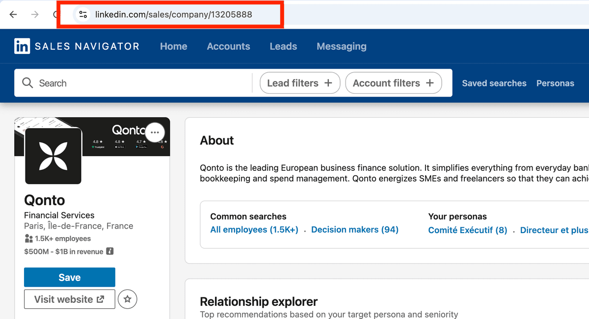 URL Sales Nav Entreprise LinkedIn
