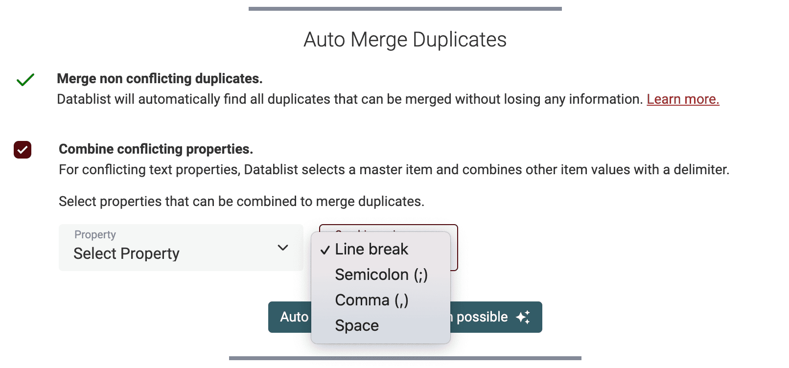 Opções de mesclagem de duplicatas
