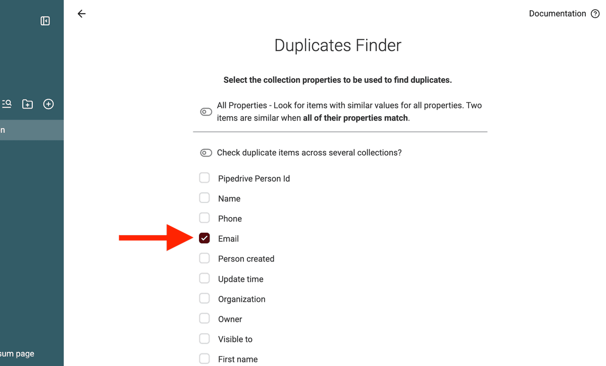 Sélectionner les Propriétés pour la déduplication