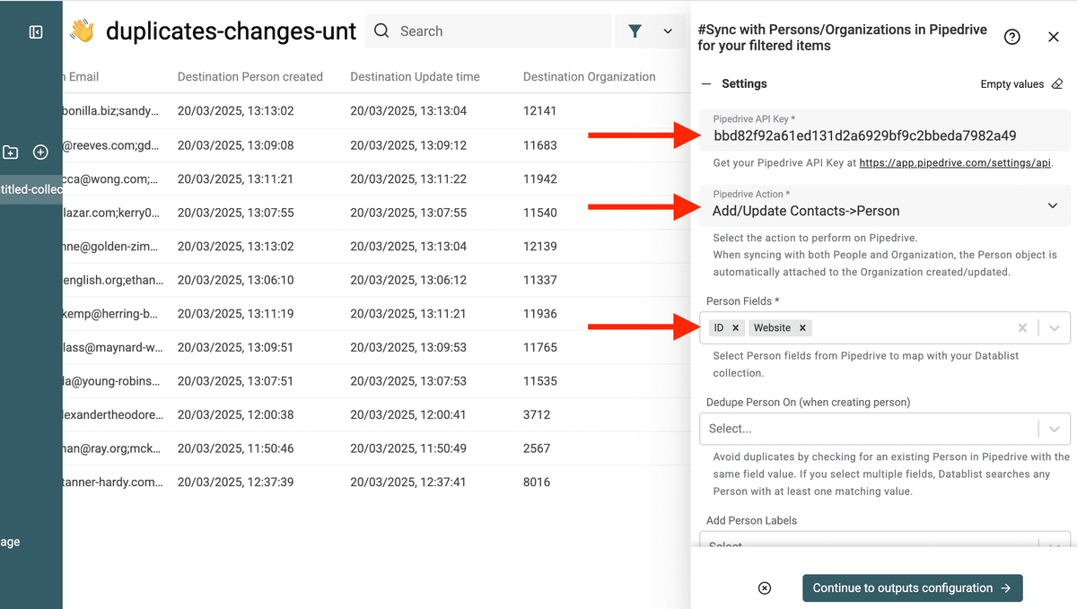 Paramètres de mise à jour Pipedrive