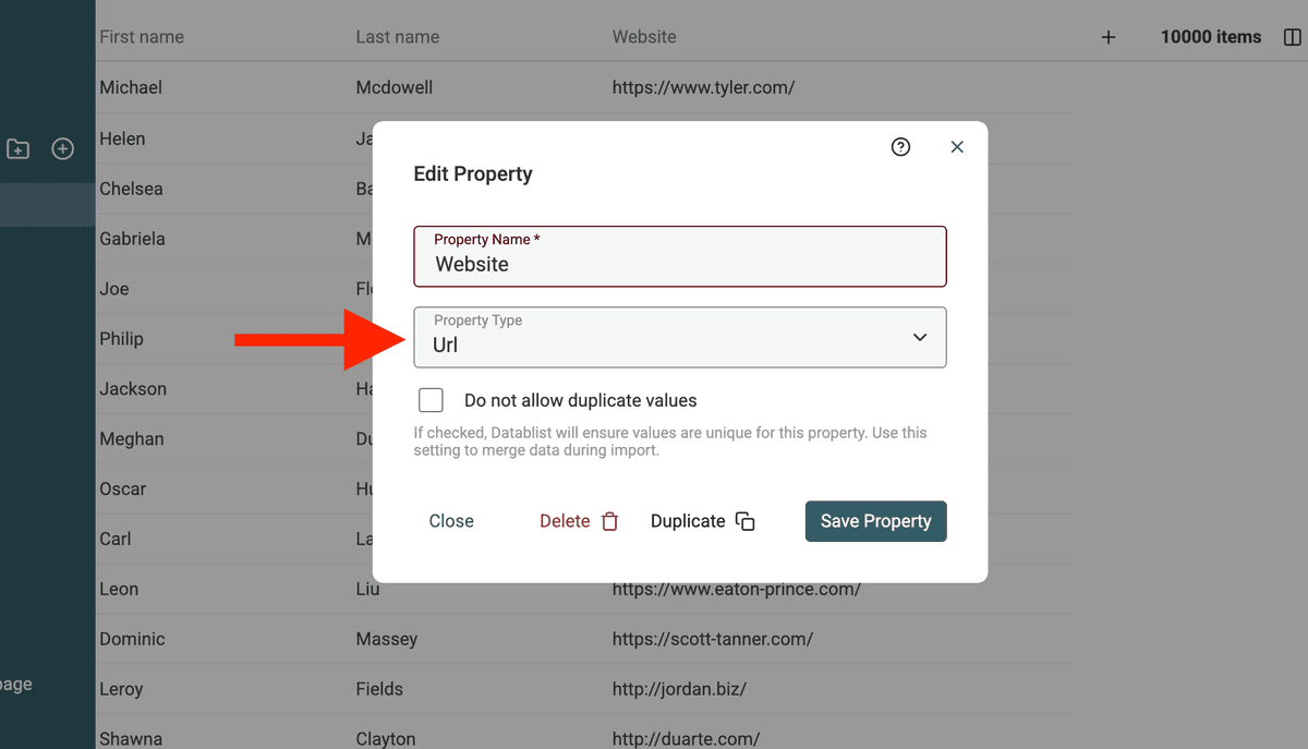 Sélectionner le Type URL