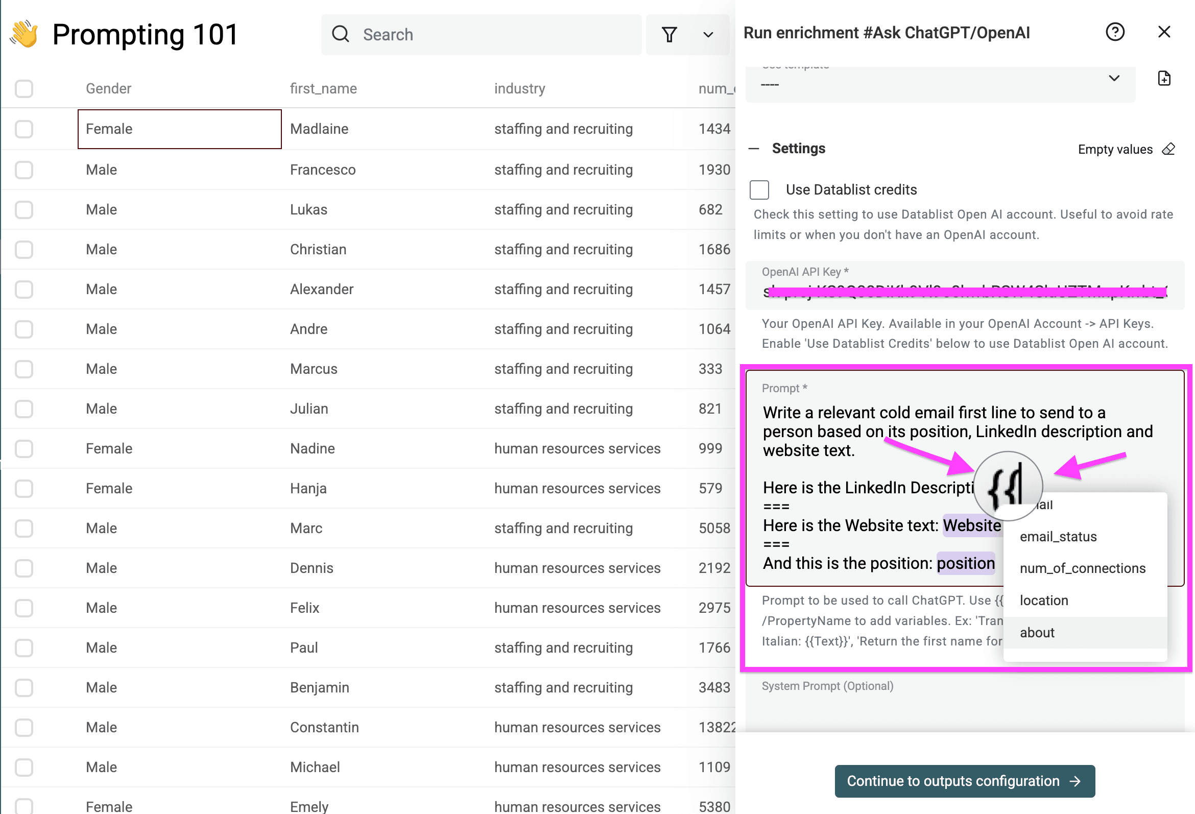 Inserted placeholder columns in Datablist)
