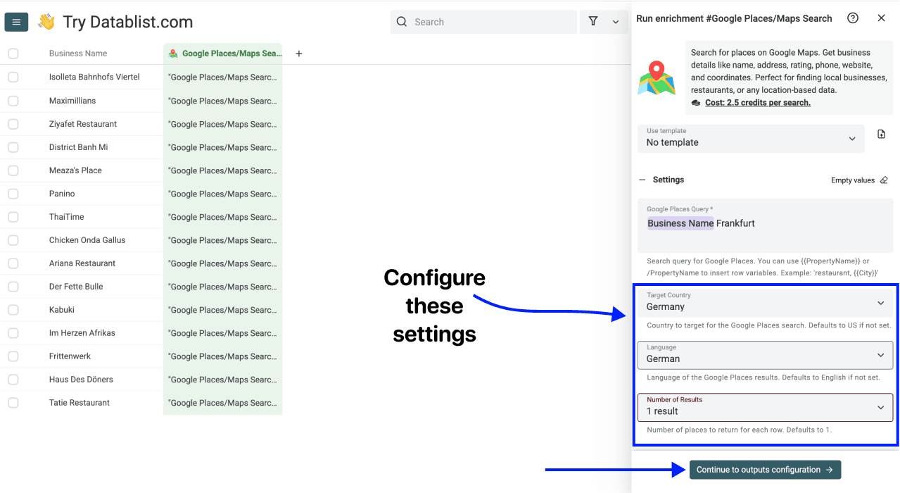 How To Find Businesses on Google Maps in Reverse - Enrichment Settings