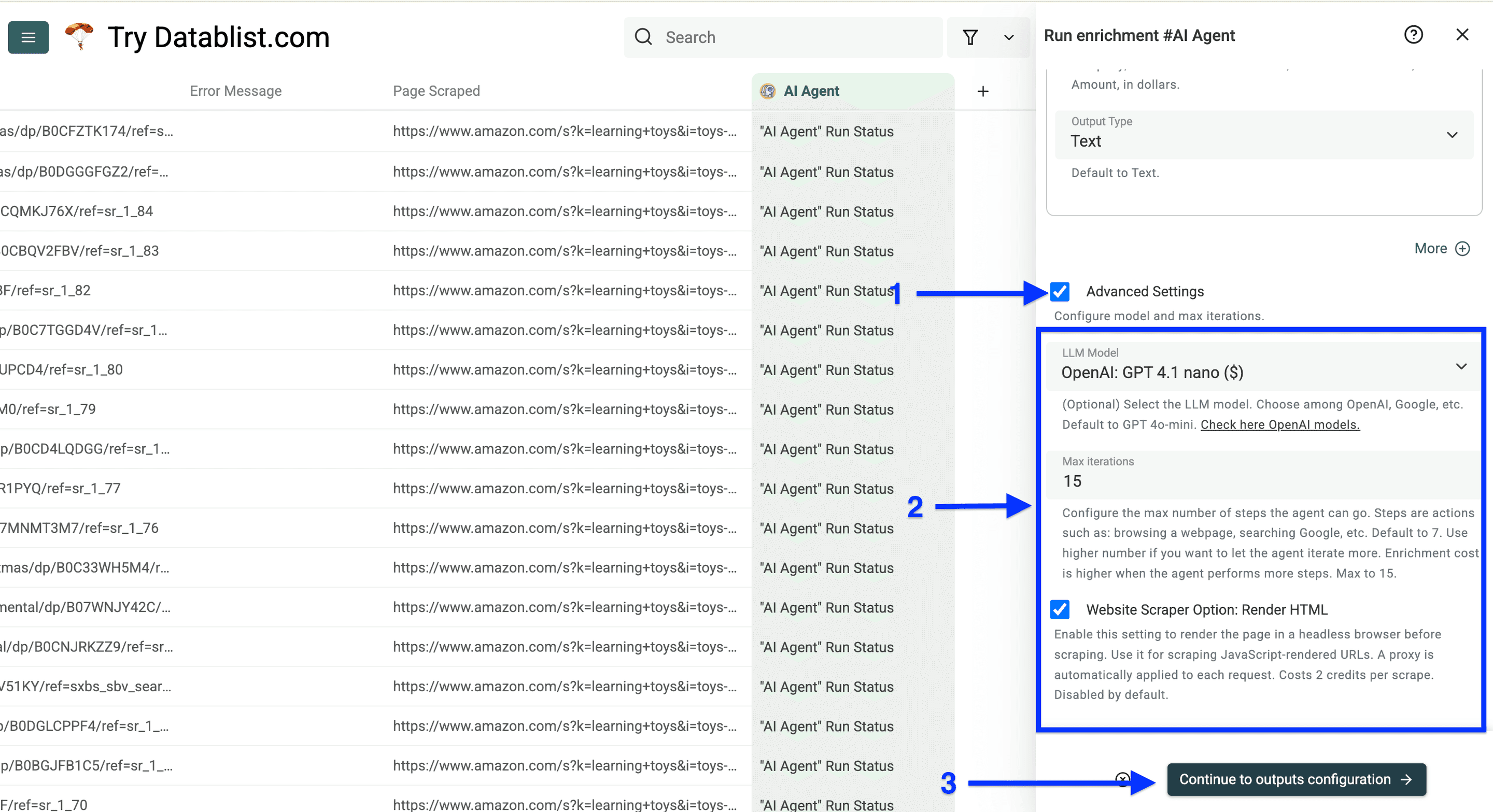Amazon商品詳細取得用Datablist AI AgentのAdvanced Settings