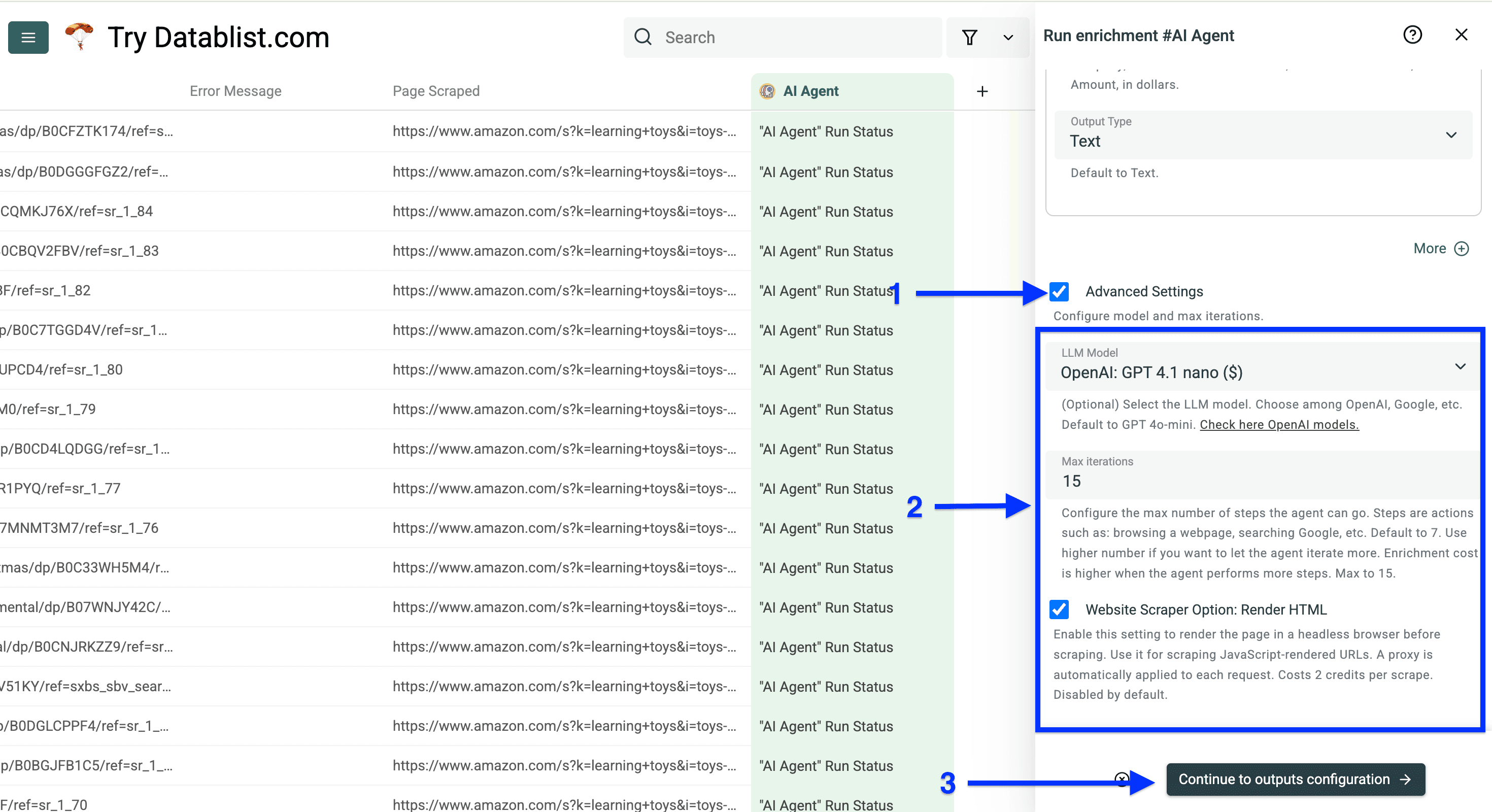 Advanced setting of Datablist’s AI Agent for scraping Amazon product details