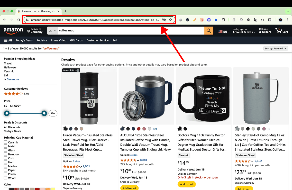 URL de recherche Amazon