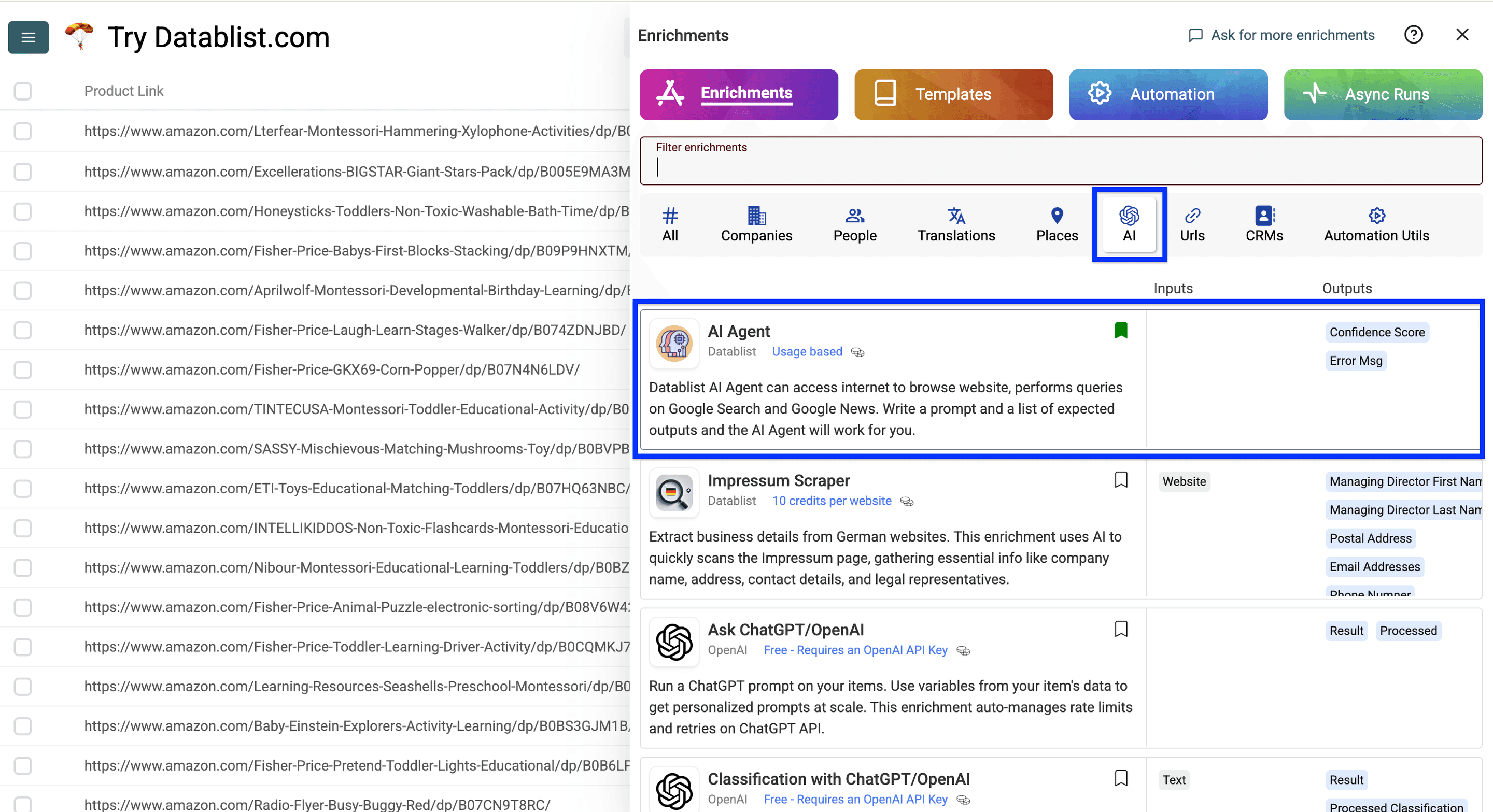 Datablist AI enrichment一覧のAI Agent