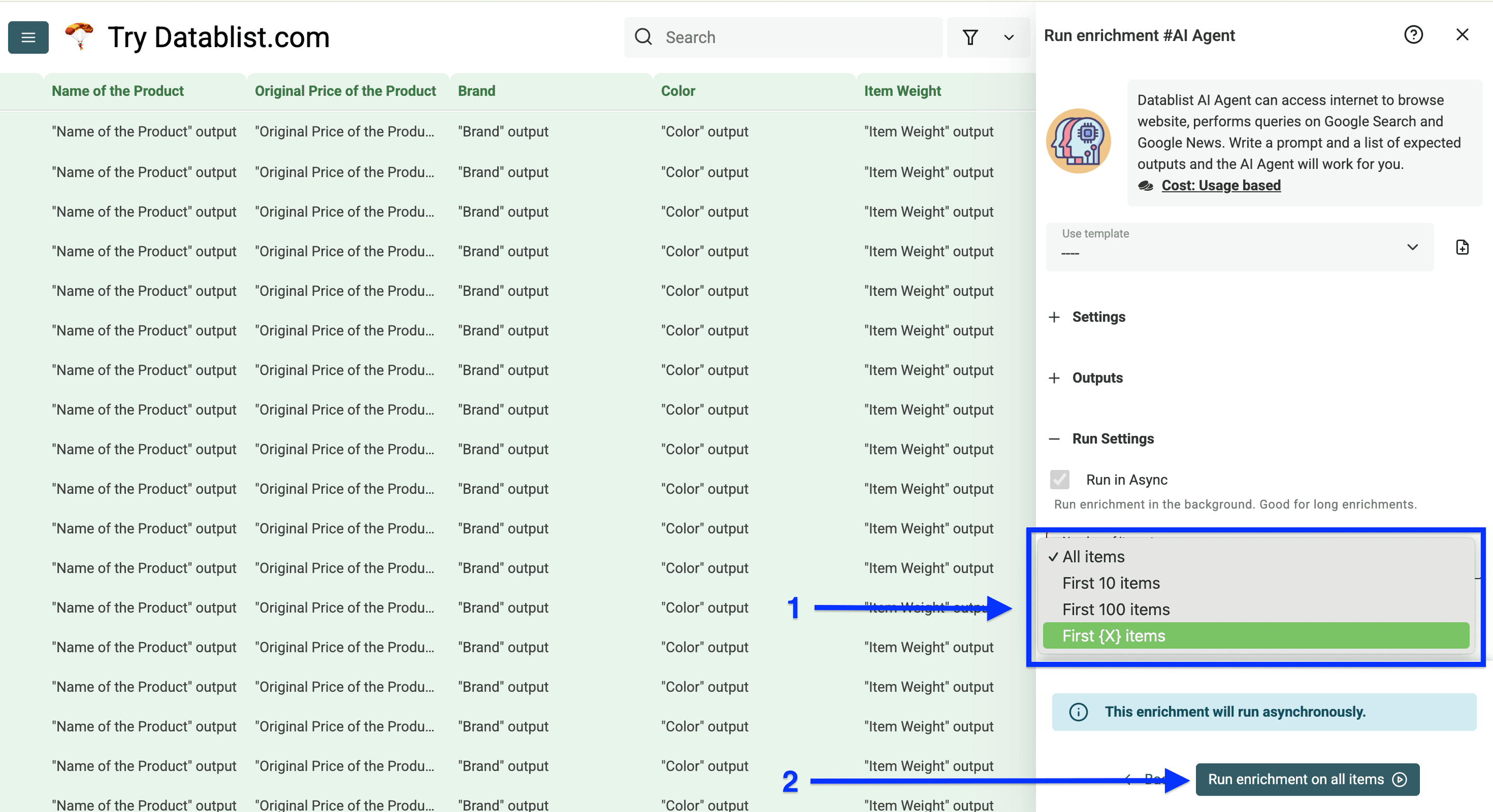 Amazon商品詳細を取得するDatablist AI AgentのRun Settings