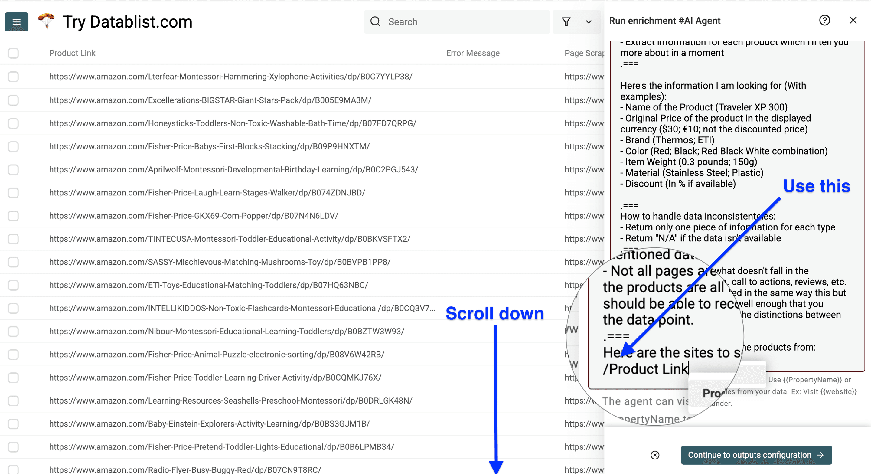Amazon商品詳細取得用Datablist AI Agentの入力列マッピング