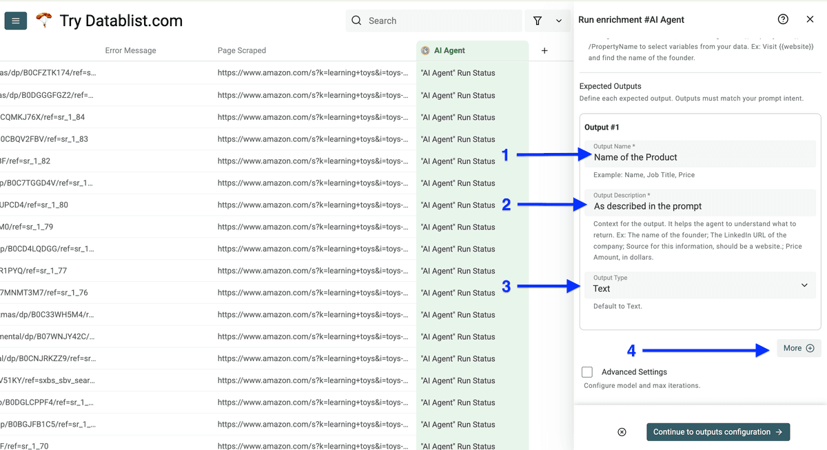 Setup output AI Agent produits Amazon