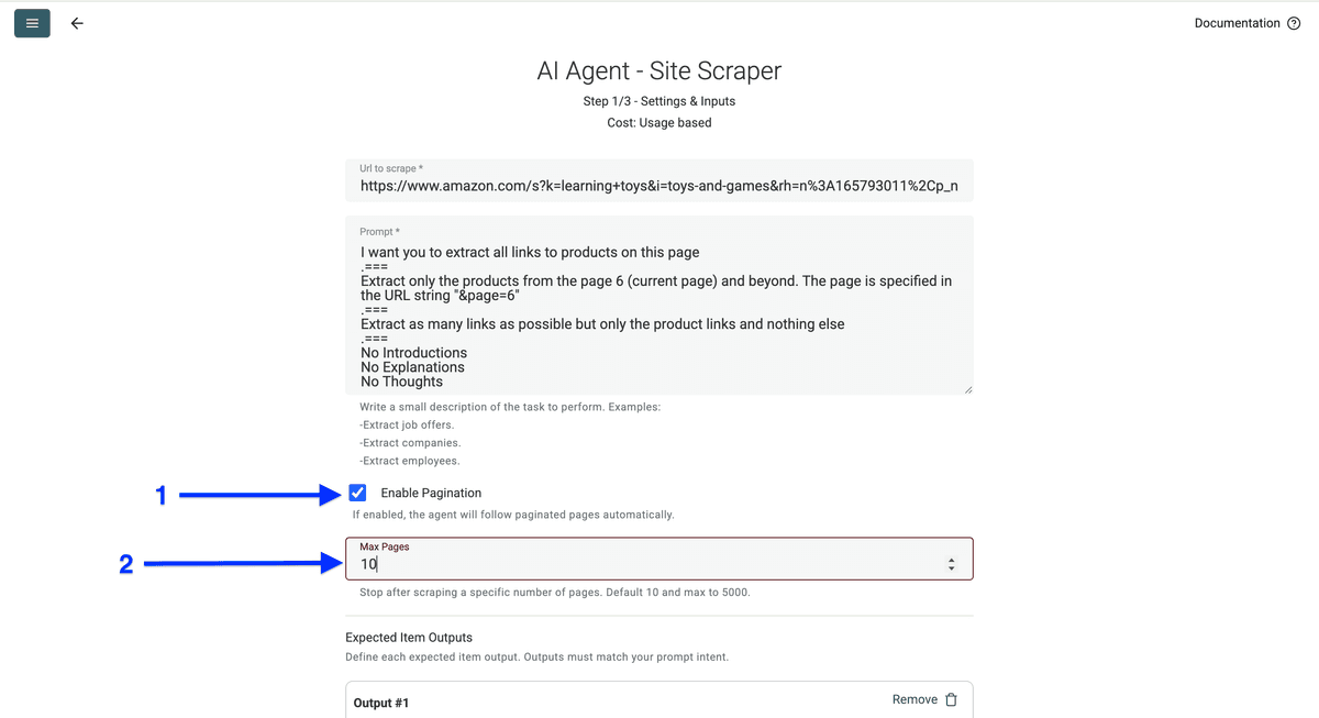 Paramétrage Pagination AI Agent