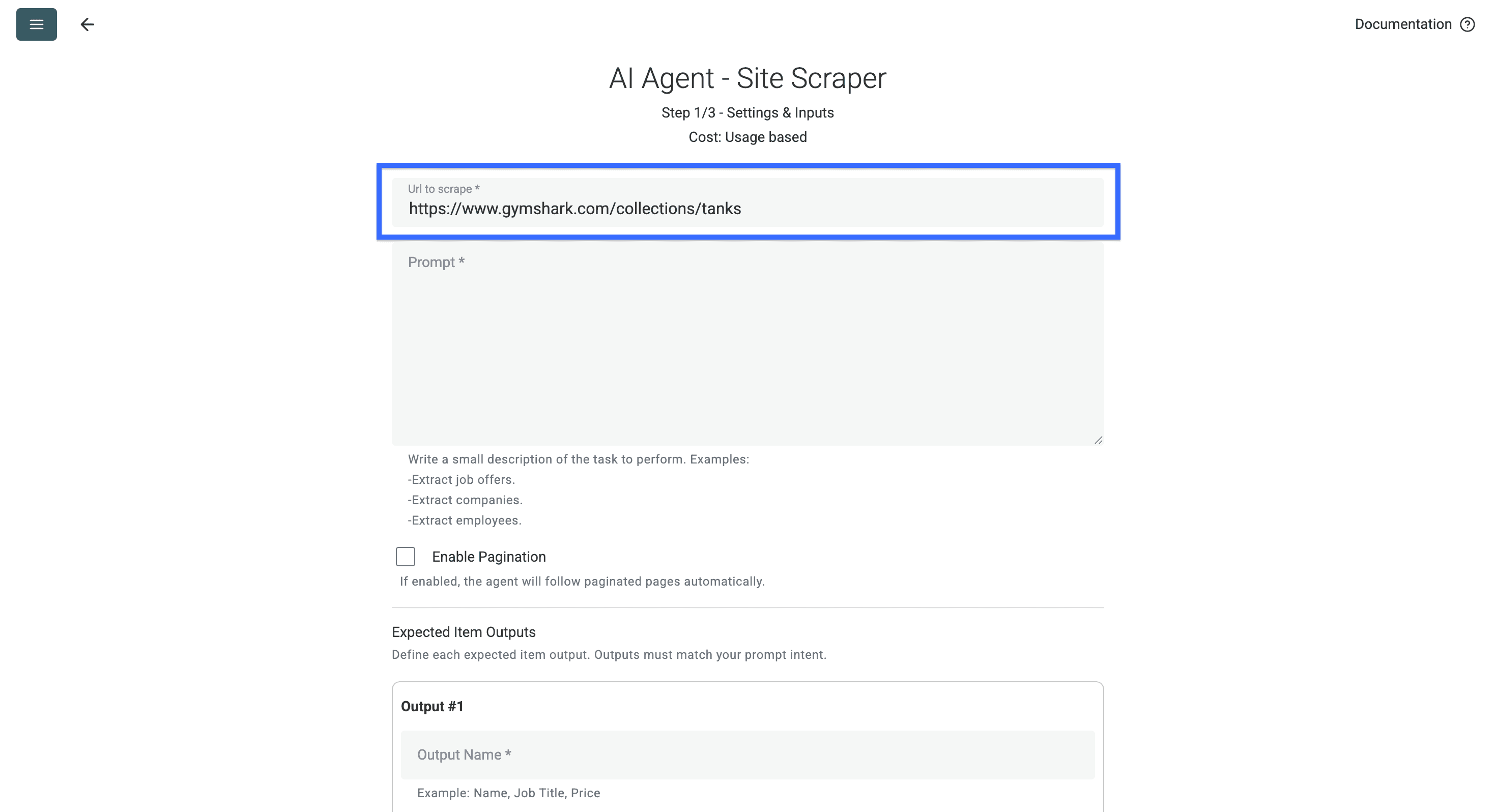 L’URL della pagina categoria che voglio analizzare con l’AI agent