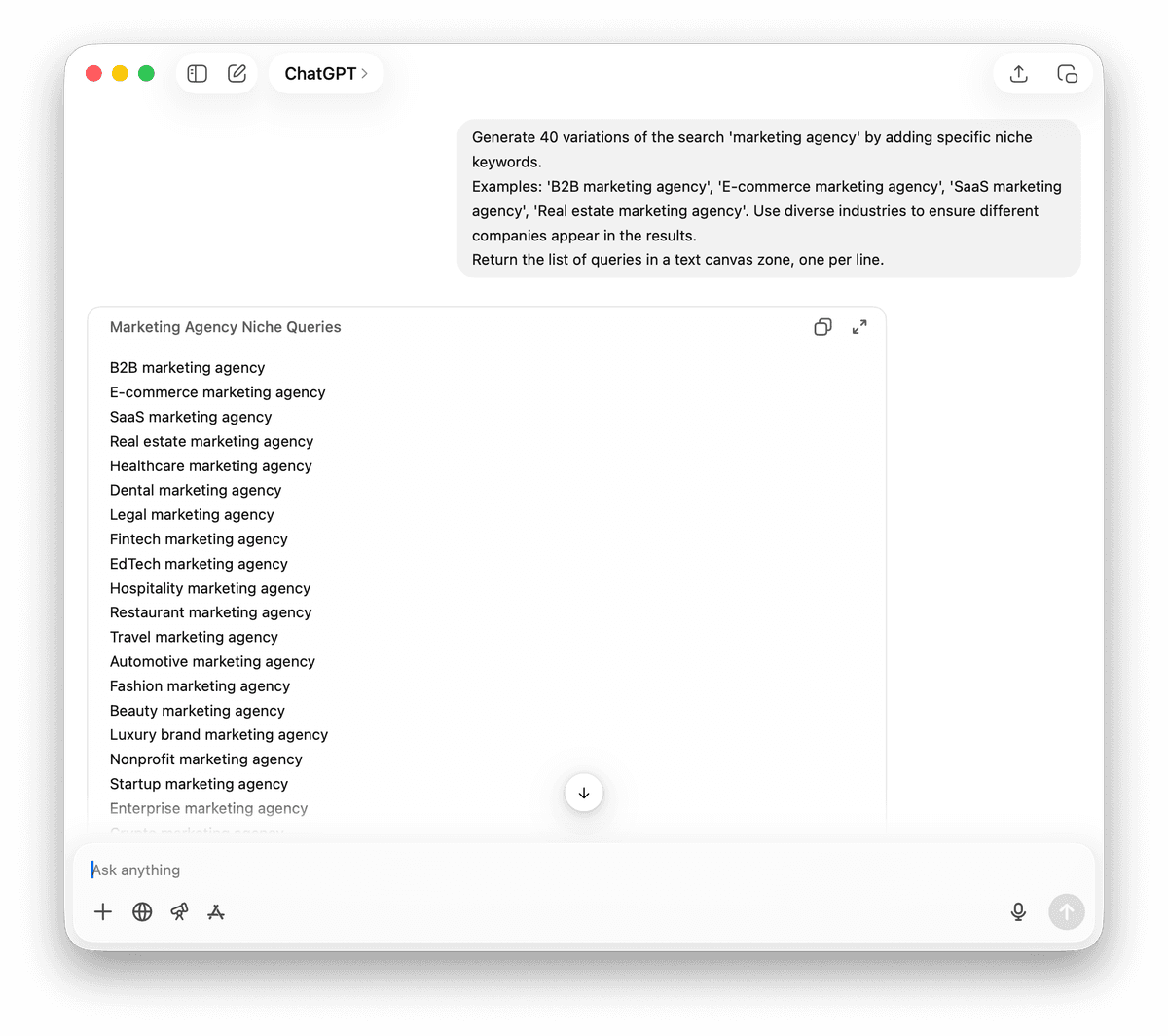 ChatGPT to generate keyword variations