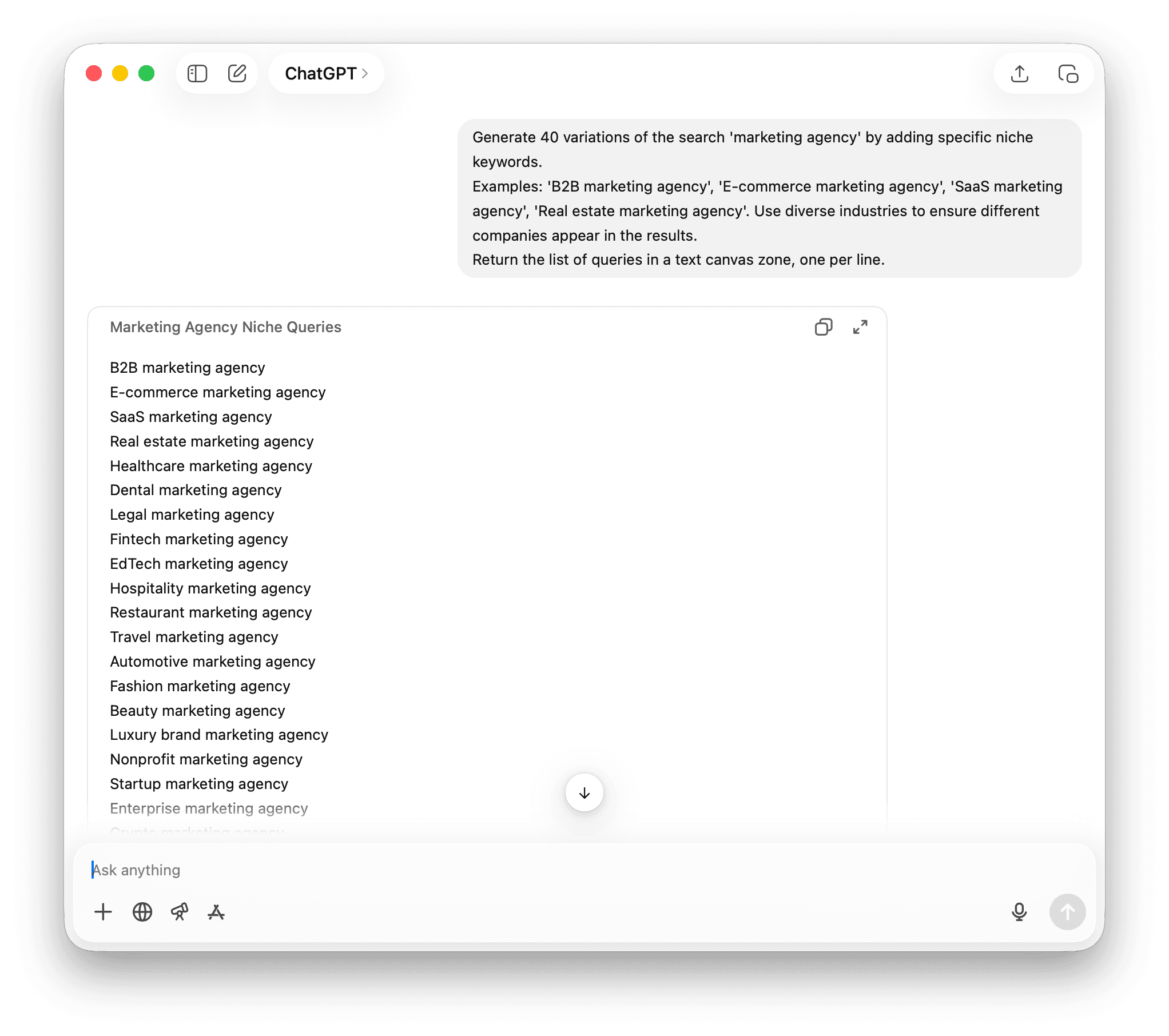 ChatGPTでキーワード別のクエリを作成