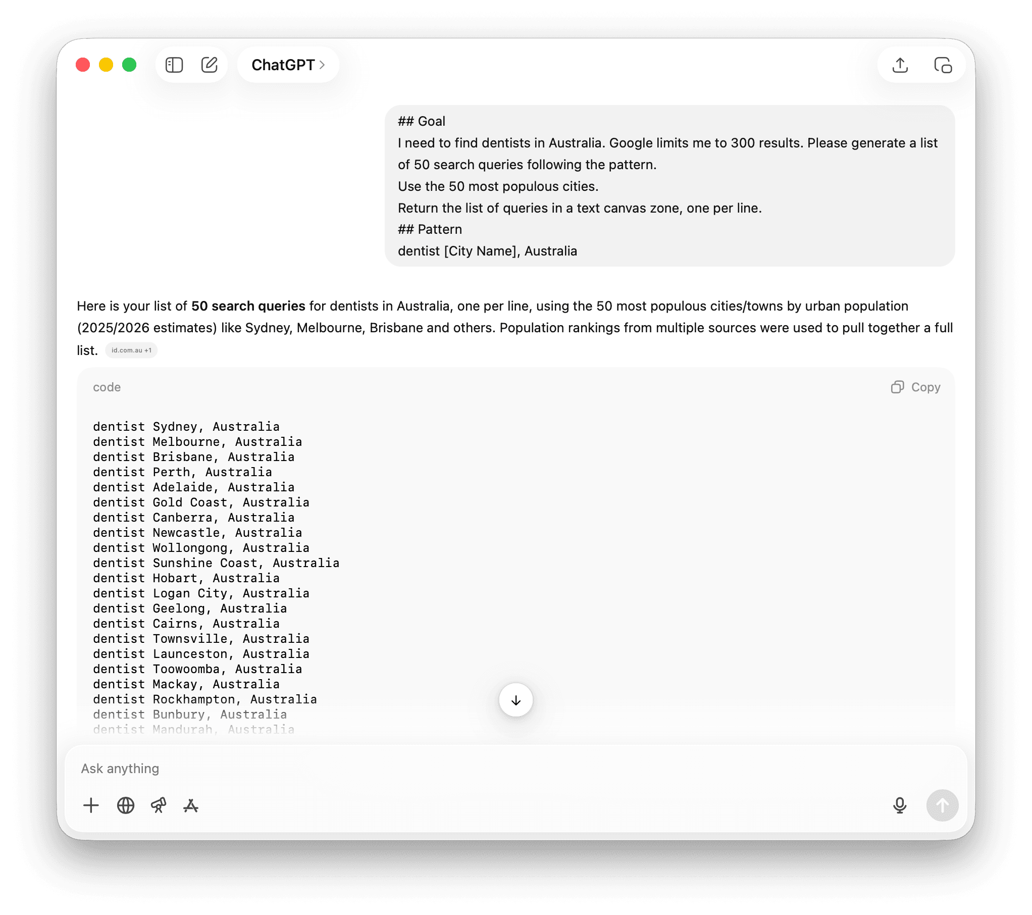 ChatGPTで地域別のクエリを作成