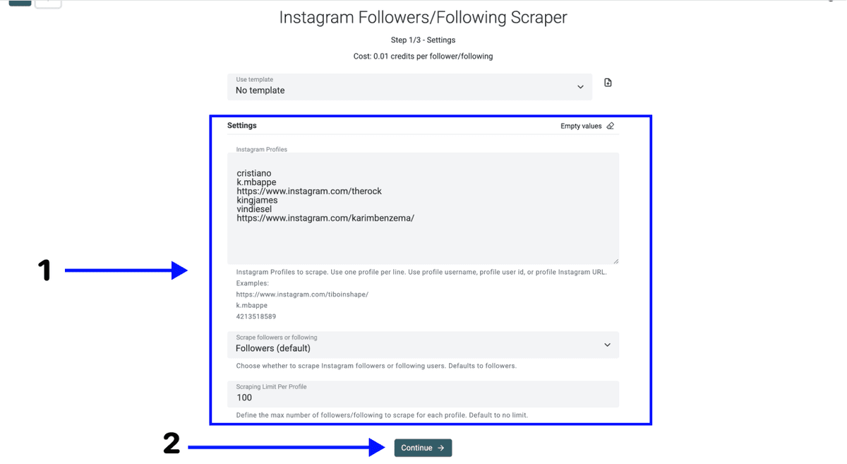 Skrap Instagram-følgere - Konfigurer innstillinger