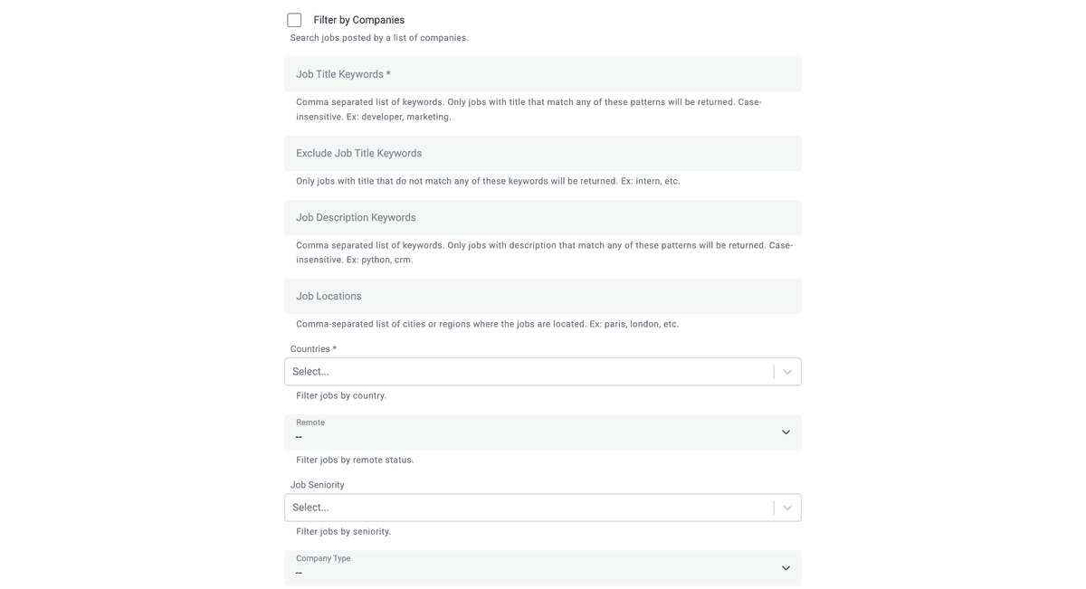 Filter configuration for Datablist’s Job Boards Scraper