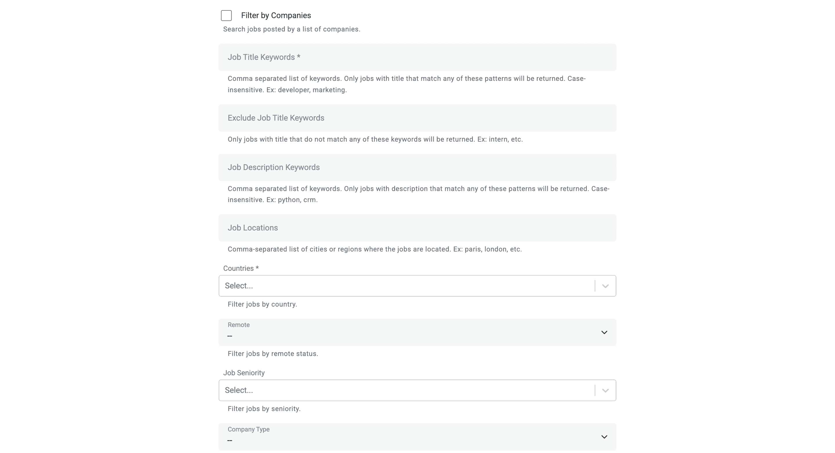 Configuração dos filtros do scraper de job boards do Datablist