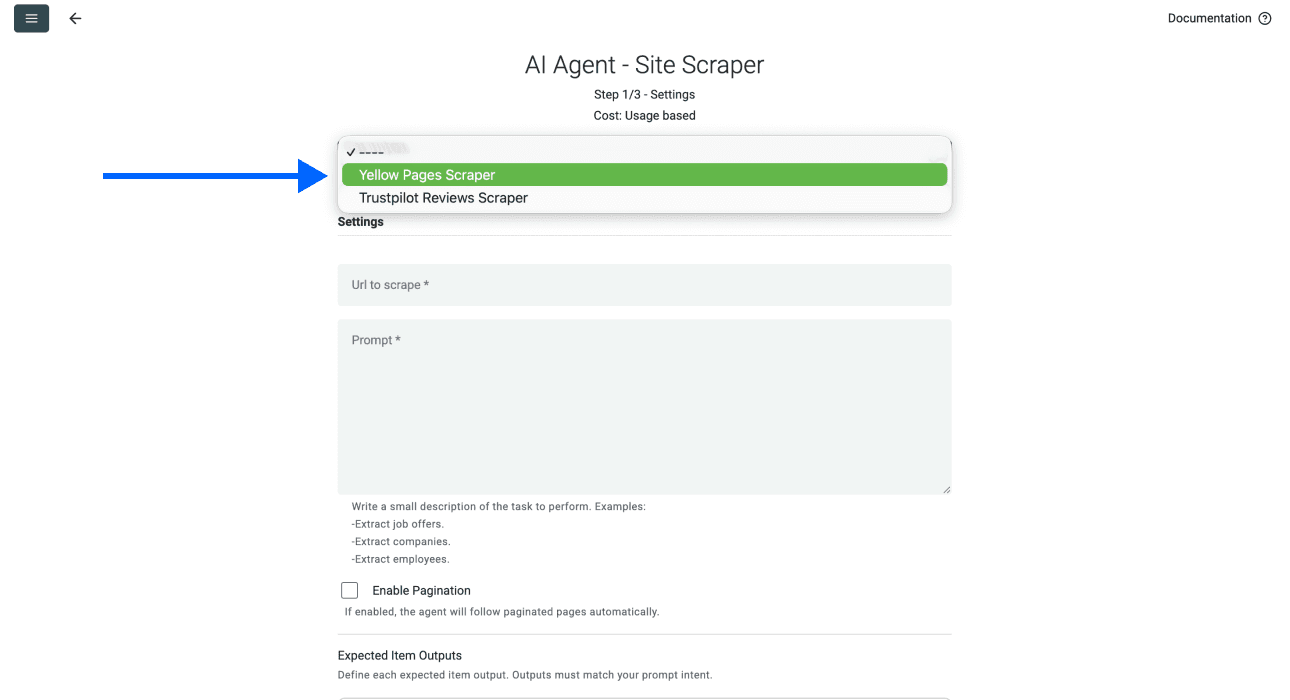 Yellow Pages Scraper, template selection