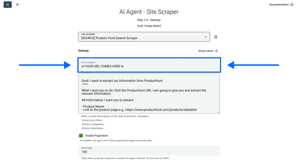How To Scrape Product Hunt With Datablist - URL field