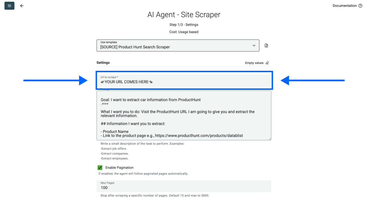 How To Scrape Product Hunt With Datablist - URL field