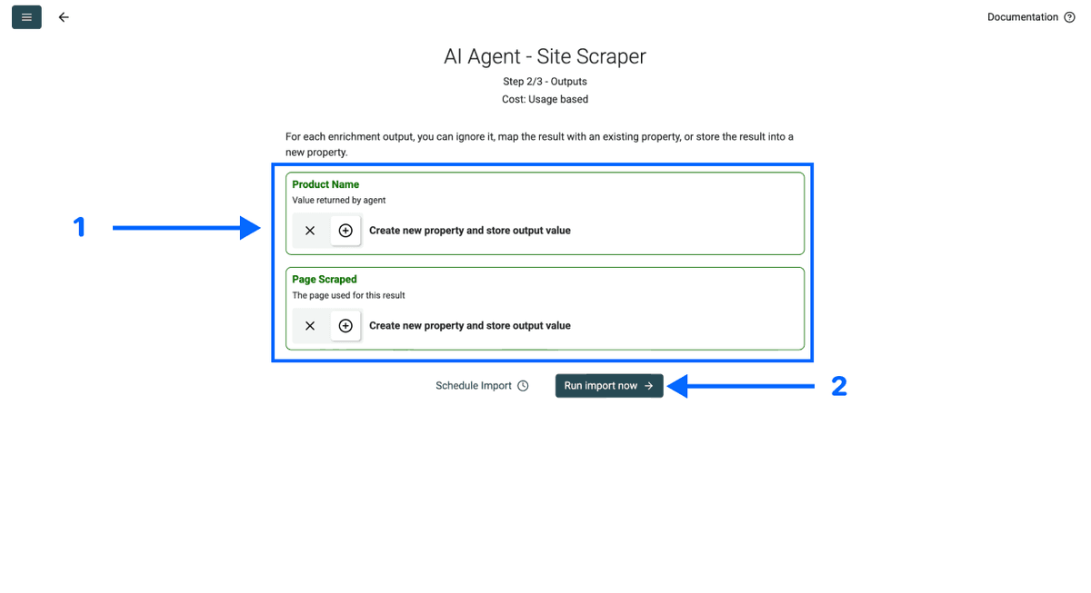 Datablist AI scraping agent, outputs selection