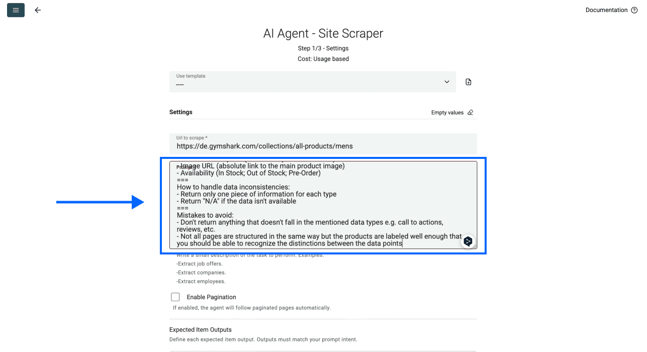 Datablist AI scraping agentのプロンプト設定