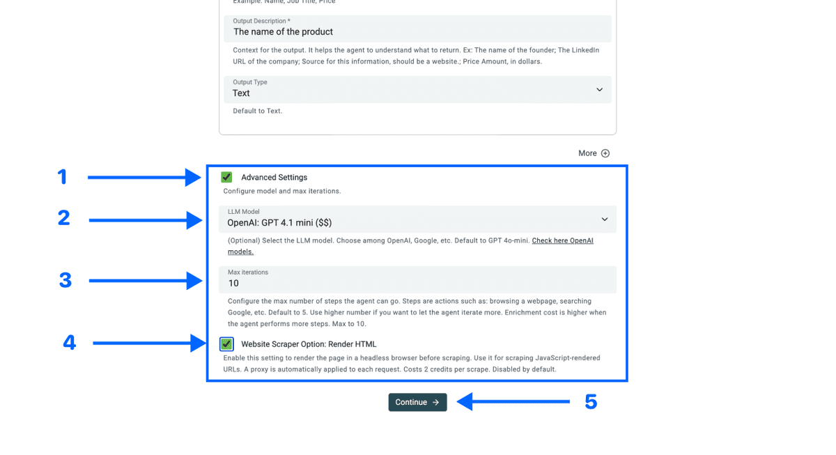Datablist AI scraping agent, advanced settings