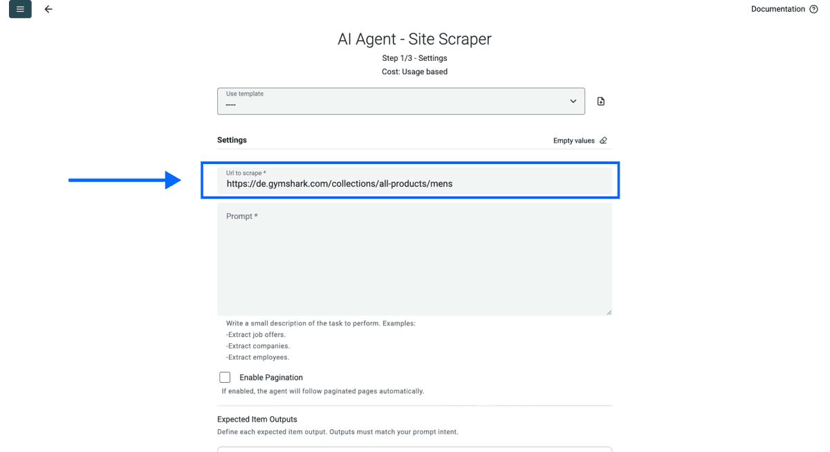 Datablist AI scraping agent, URL settings