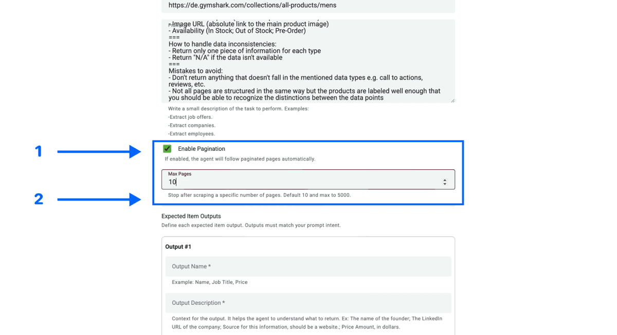 Datablist AI scraping agent, pagination settings