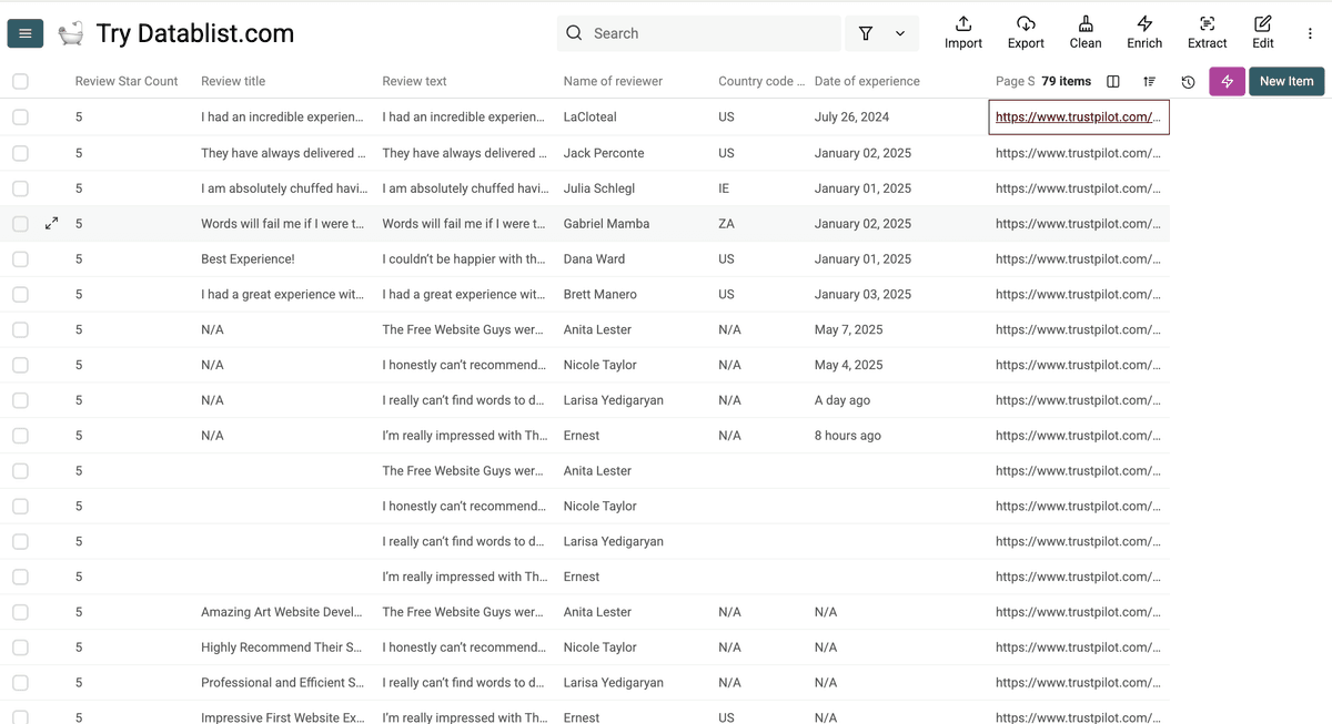 Les avis Trustpilot scrapés via l’AI-Scraper de Datablist