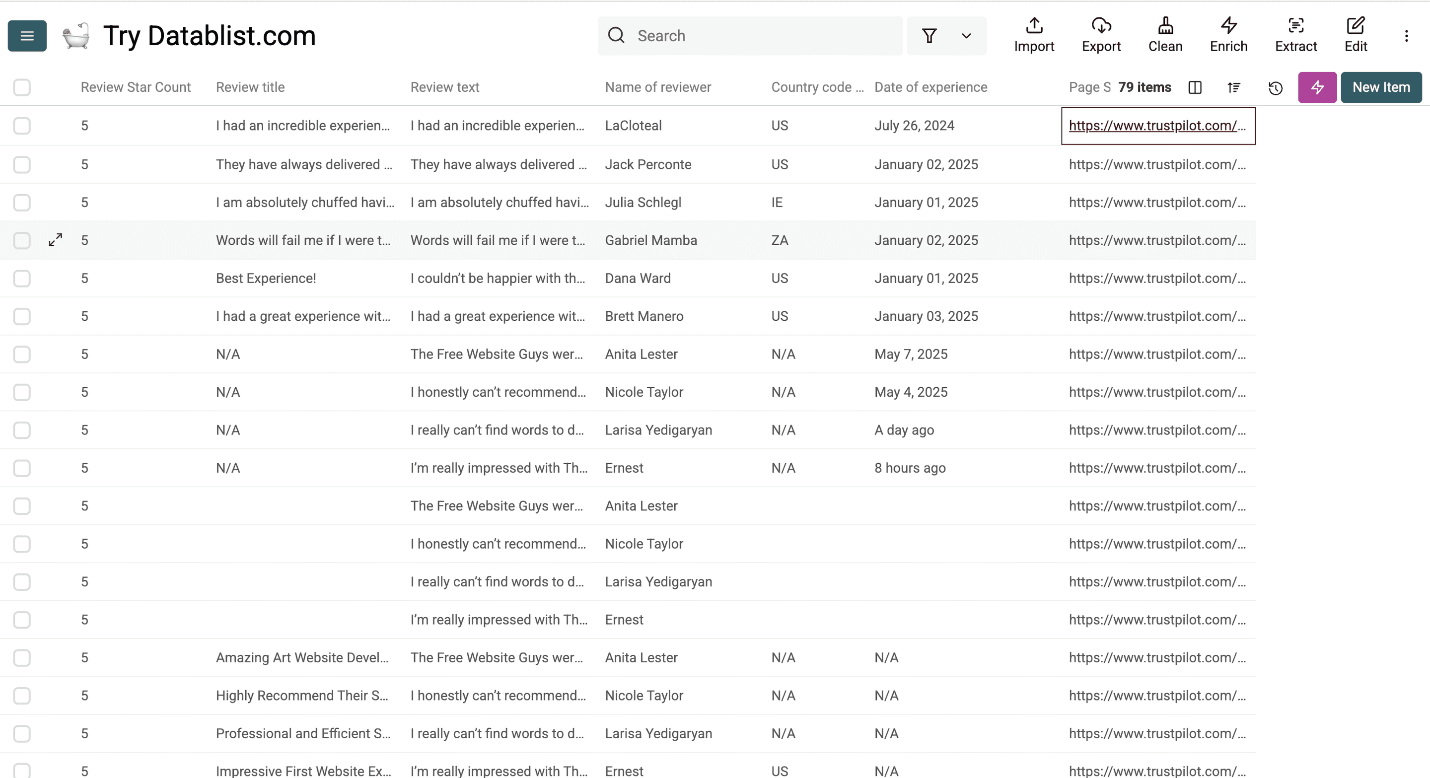 DatablistのAI-Scraperで取得したTrustpilotレビュー