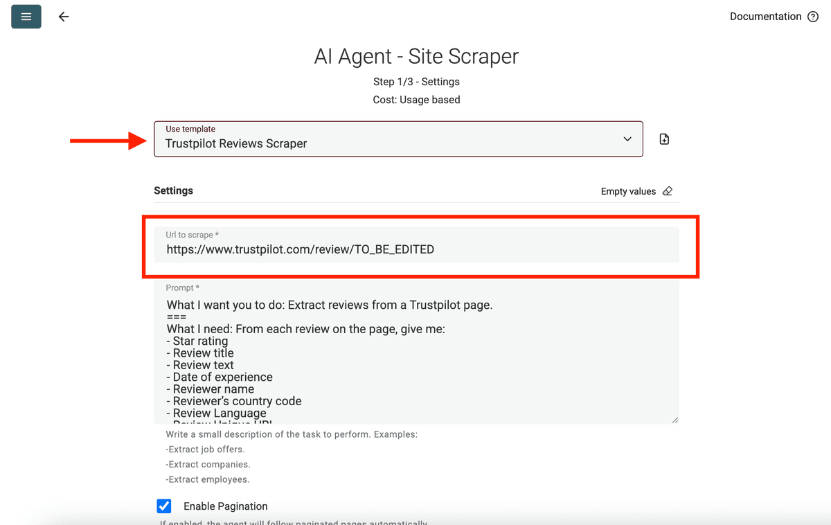 Choisissez le template Trustpilot Scraping