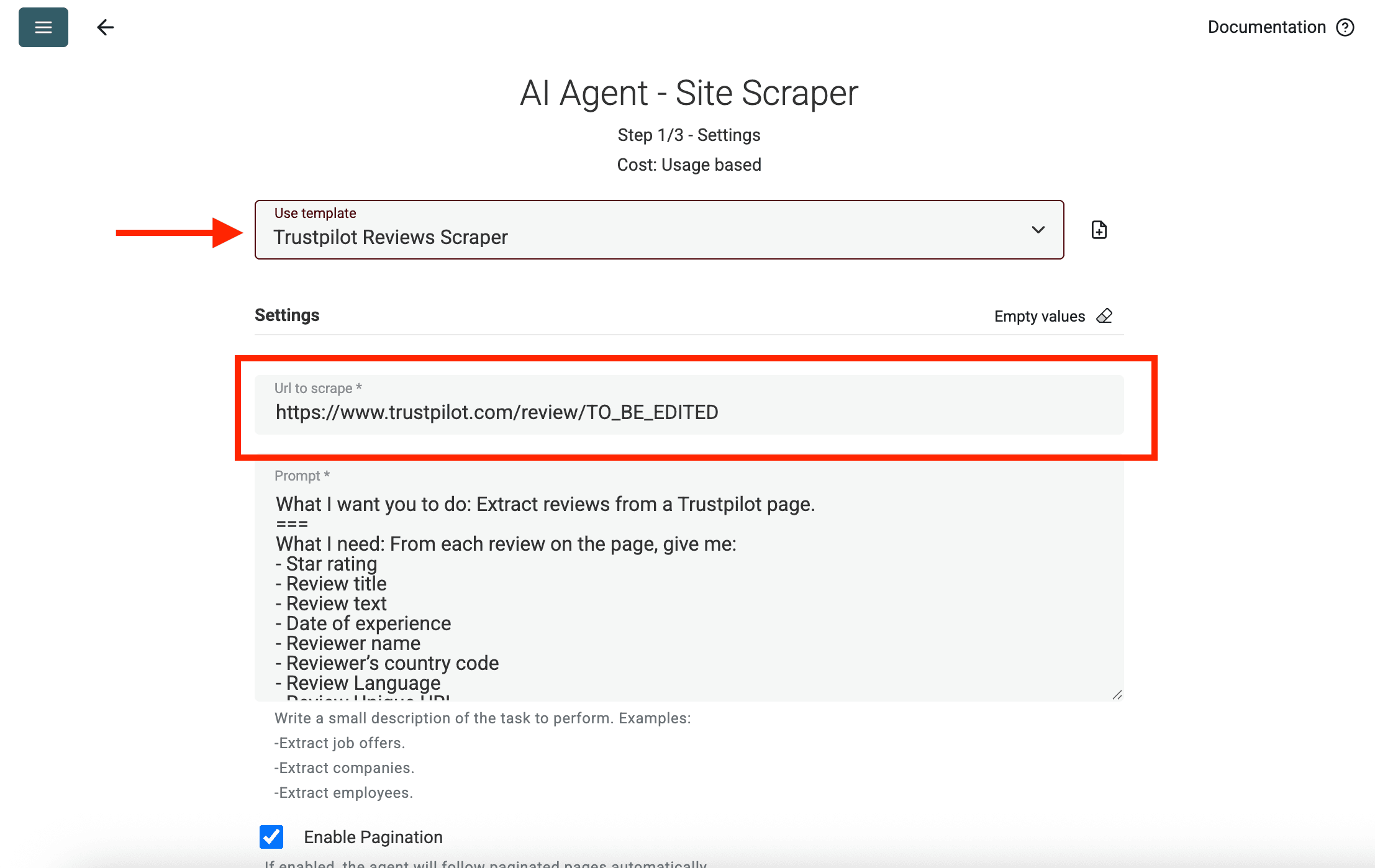 Trustpilot Scraping Templateを選択