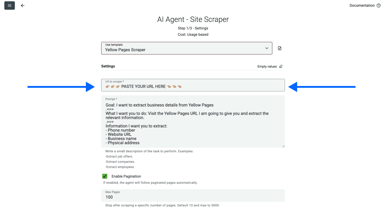 Yellow Pages Scraper, URL field