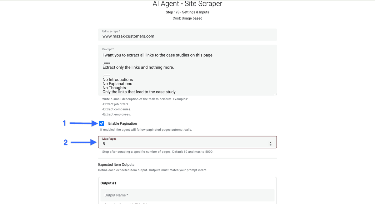 Réglages de l’AI Agent pour scraper les études de cas